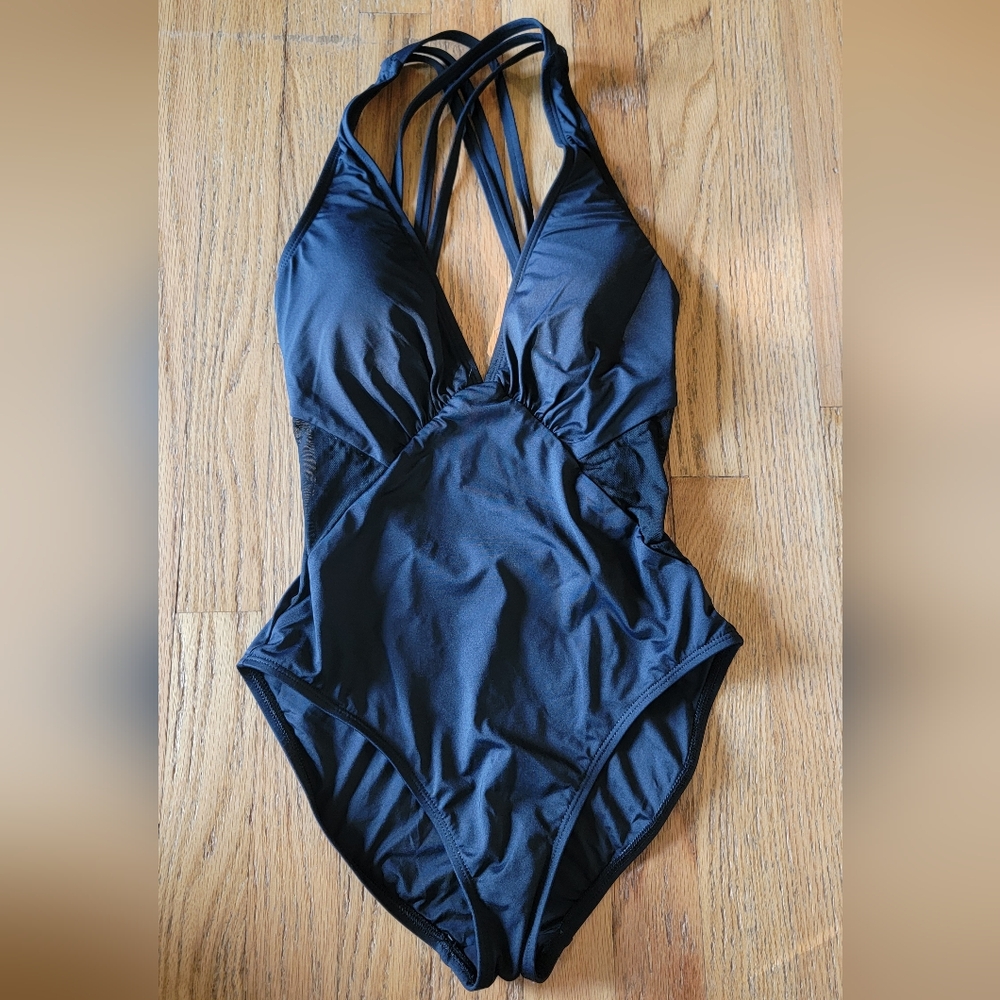 La Blanca Black Mesh Cutout Strappy Swimwear, Size 4